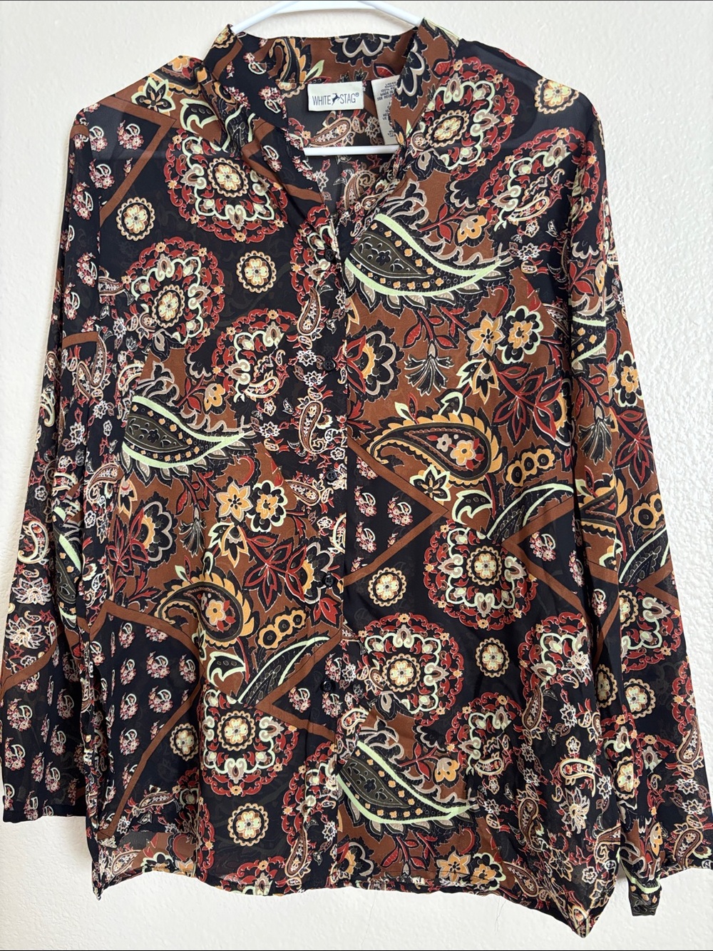White Stag Fall Color Sheer Button Up Long Sleeve Blouse